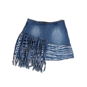 Asymmetric fringe denim mini skirt