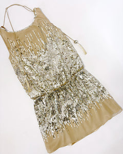 Sequined dropped waist draped silk mini dress