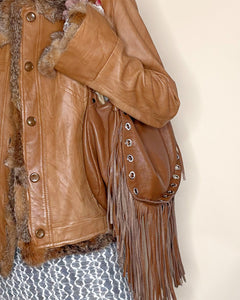 Studded Italian leather fringe boho bag