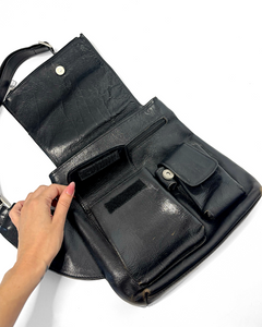 Sleek utility black leather crossbody bag