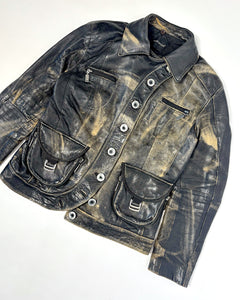 Asymmetric buttoning fur collar leather jacket