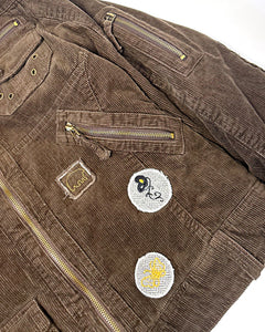 Corduroy studded utility bomber jacket with patches