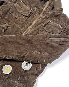 Corduroy studded utility bomber jacket with patches