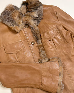 Fur trim asymmetric leather jacket