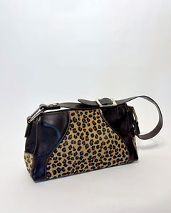 Leopard pony hair leather baguette bag