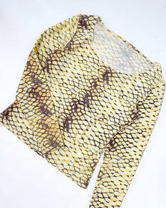 Butter yellow snake print fitted long sleeve top