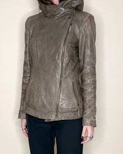 Hooded high neck buttery leather jacket