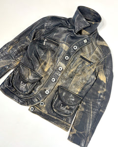 Asymmetric buttoning fur collar leather jacket