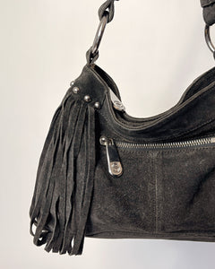 Studded suede fringe bag