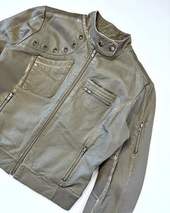 Grommet studded khaki leather moto jacket