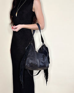 Fringe black leather boho bag