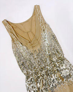 Sequined dropped waist draped silk mini dress