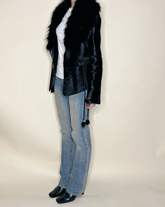 Pony hair asymmetric leather jacket