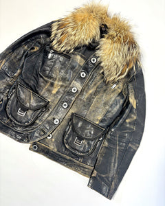 Asymmetric buttoning fur collar leather jacket