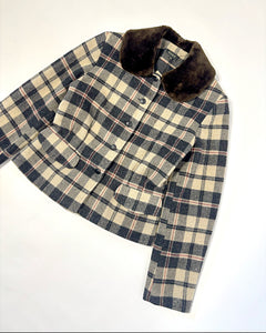 Plaid peplum wool jacket with fur collar
