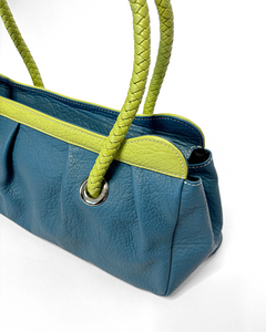 Turquoise & lime leather baguette bag