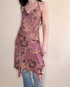 Asymmetric paisley halter dress