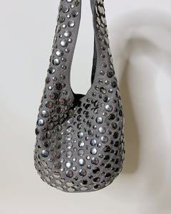 Studded leather wide hobo bag