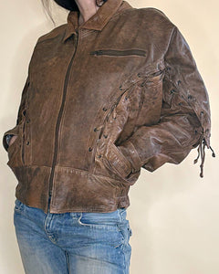 Lace up distressed leather bomber