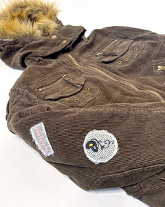 Corduroy studded utility bomber jacket with patches