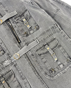 Distressed high neck collar jacket with military style studs & buckles
