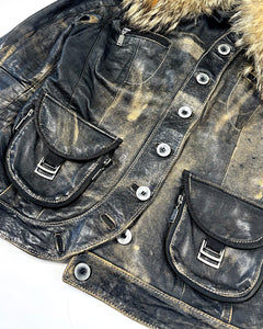 Asymmetric buttoning fur collar leather jacket