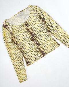 Butter yellow snake print fitted long sleeve top