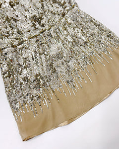 Sequined dropped waist draped silk mini dress
