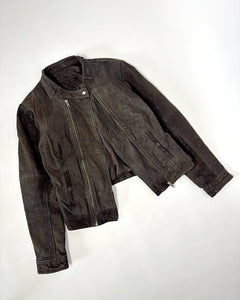 Double zipper worn brown suede jacket