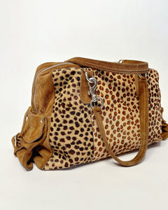Large leopard pony hair suede bag