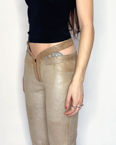 Cut out low rise silver metallic leather pants