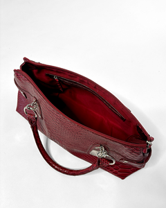 Burgundy silver detailed snake skin leather bag