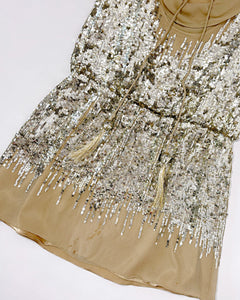 Sequined dropped waist draped silk mini dress