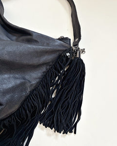 Fringe black leather boho bag