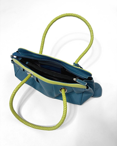 Turquoise & lime leather baguette bag