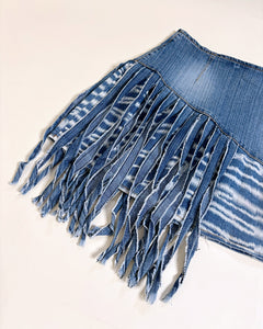 Asymmetric fringe denim mini skirt