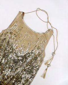 Sequined dropped waist draped silk mini dress