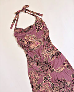 Asymmetric paisley halter dress