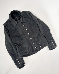 Layered faded black fitted jacket with asymmetric buttoning