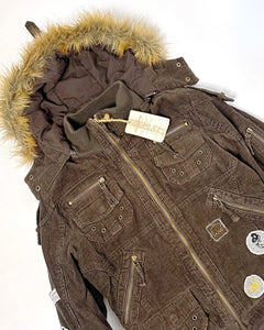 Corduroy studded utility bomber jacket with patches