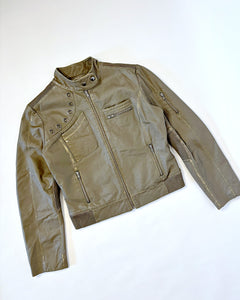 Grommet studded khaki leather moto jacket