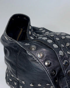 Studded leather wide hobo bag