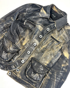 Asymmetric buttoning fur collar leather jacket