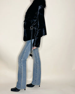 Pony hair asymmetric leather jacket