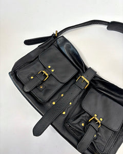 Black buckle studded leather shoulder bag