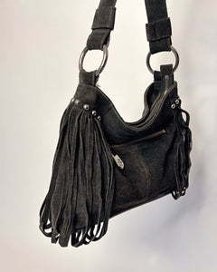 Studded suede fringe bag