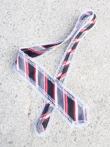 Lace upcycled striped tie in pink & grey