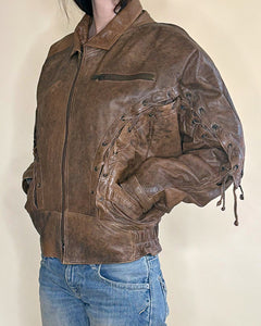 Lace up distressed leather bomber