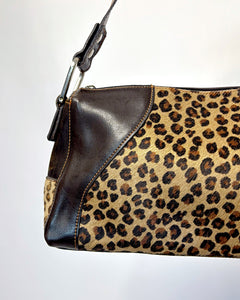 Leopard pony hair leather baguette bag