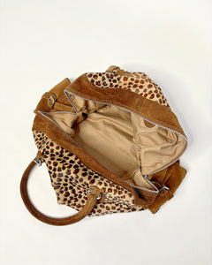 Large leopard pony hair suede bag